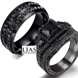 New s925 black gunmetal wedding ring set his and hers